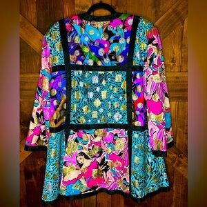 DIANE FREIS Vintage Silk Vivid Patchwork Collage Swing Jacket Kimono OS